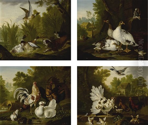 Three Spaniels Startling A Group Of Ducks In A Pond (+ 3 Others; 4 Works) Oil Painting by Pieter Casteels III