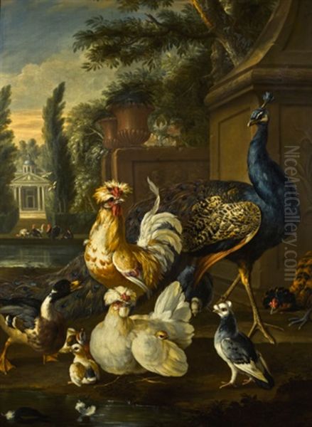 Wildfowl And A Peacock In A Palace Courtyard Oil Painting by Pieter Casteels III