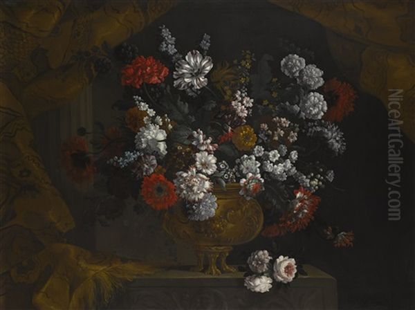 Still Life Of Flowers In A Gilt Urn On A Stone Ledge Oil Painting by Pieter Casteels III