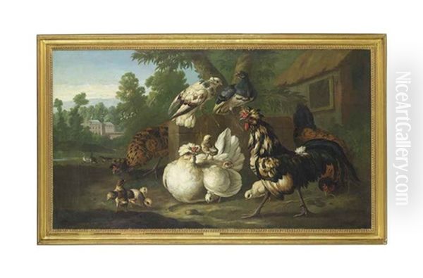 Cockerels, Chicks And Pigeons In A Farmyard, Ducks And Ducklings Near A Pond Beyond, A House Beyond Oil Painting by Pieter Casteels III