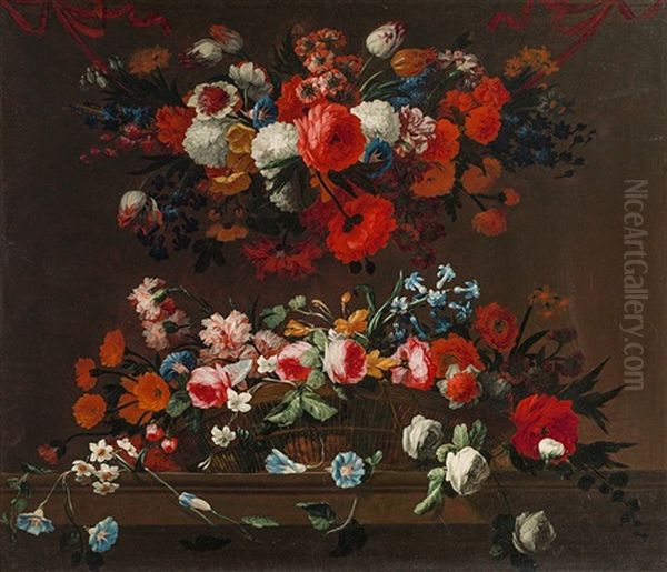 A Flower Garland With Flower Basket On A Stone Base Oil Painting by Pieter Casteels III