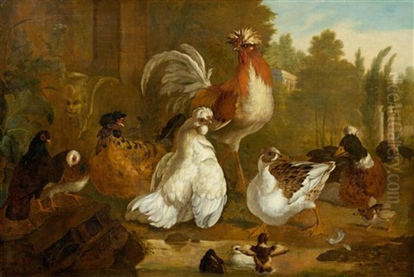 Fowl By The Water Against A Background Of Elegant Parkland Oil Painting by Pieter Casteels III