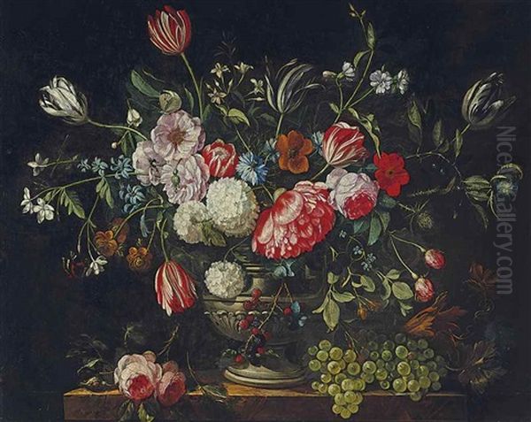 Tulips, Roses, Peonies, Snowballs And Other Flowers With Blackberries In An Urn With Grapes On A Stone Ledge Oil Painting by Pieter Casteels III