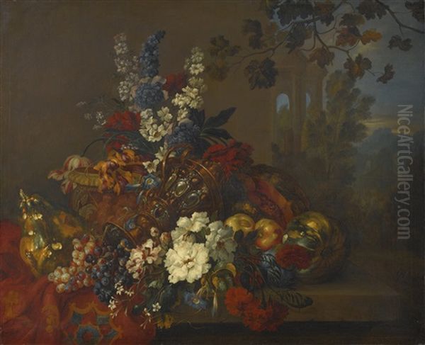 Still Life With Flowers And Fruit, With An Upturned Vase And A Sculpted Urn, In An Italianate Setting Oil Painting by Pieter Casteels III