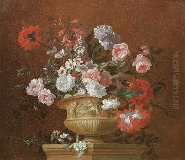 Poppies, Roses And Other Flowers In A Terracotta Urn Oil Painting by Pieter Casteels III