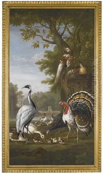 A Heron, Turkeys, Ducks And Pheasants By A Lake In An Ornamental Garden; Pheasants And Chicks, A Pair Of Magpies And Pigeons In A Wooded Park, Buildings Beyond (pair) Oil Painting by Pieter Casteels III