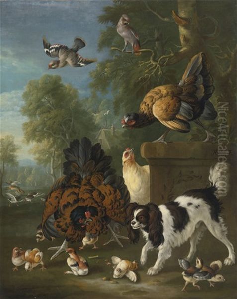 A Family Of Chickens Fending Off A Spaniel In A Landscape Oil Painting by Pieter Casteels III