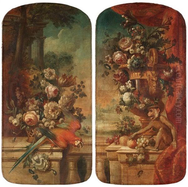 Still Life With Birds And Flowers (pair) Oil Painting by Pieter Casteels III