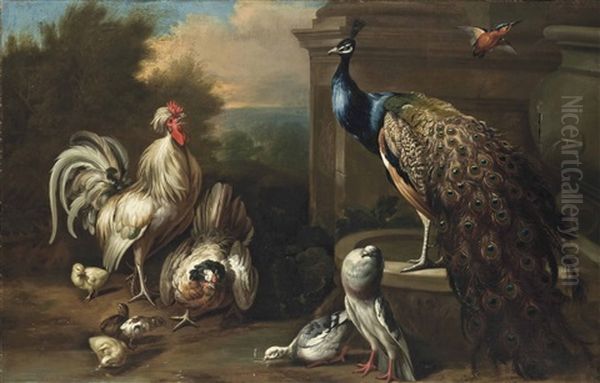 A Cockerel, A Hen, Chicks, Pigeons, A Peacock And A Finch Beside A Fountain In A Landscape Oil Painting by Pieter Casteels III