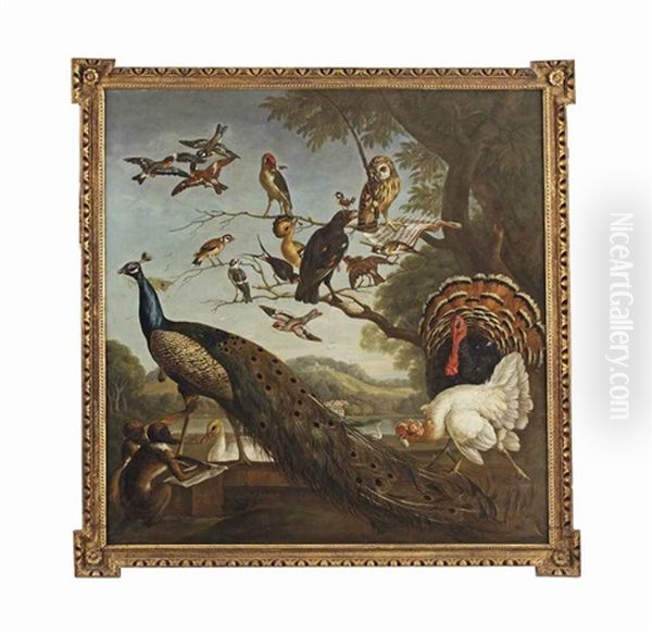 A Bird's Concert With Aesop's Fable Of The Stolen Feathers Oil Painting by Pieter Casteels III