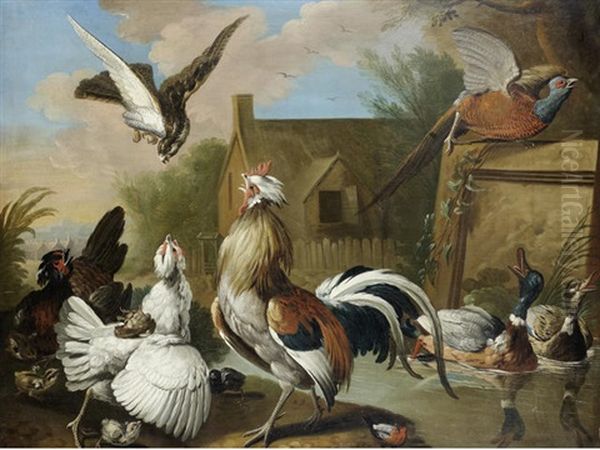 A Cockerel, Hens, A Pheasant, Ducks And Other Birds In A Landscape Oil Painting by Pieter Casteels III