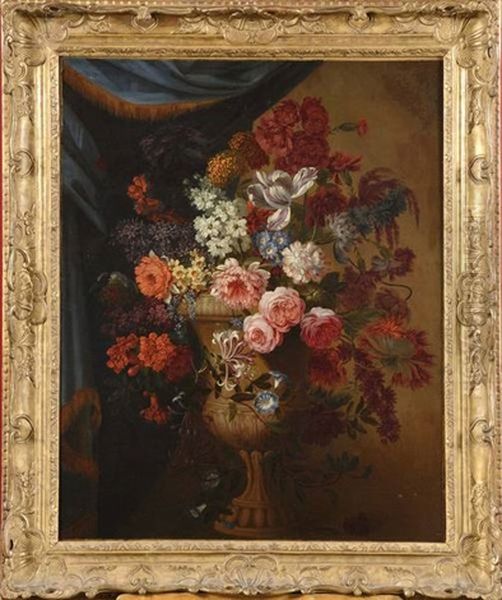 Vase De Fleurs Devant Une Tenture Oil Painting by Pieter Casteels III