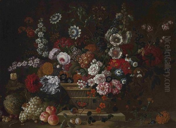 Groses Stillleben Mit Blumen, Fruchten Und Einem Schmetterling Oil Painting by Pieter Casteels III