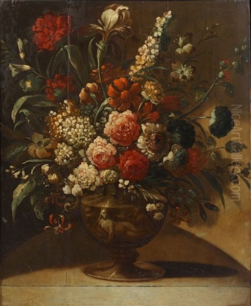 Roses, Peonies, Lilies And Other Flowers In A Bronze Urn, On A Stone Ledge Oil Painting by Pieter Casteels III