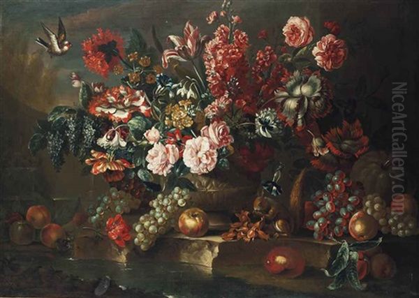 Roses, Poppies, Convolvulus And Other Flowers In A Sculpted Urn On A Stone Ledge, With Grapes, Peaches, A Pumpkin, A Squirrel Eating Hazelnuts... Oil Painting by Pieter Casteels III