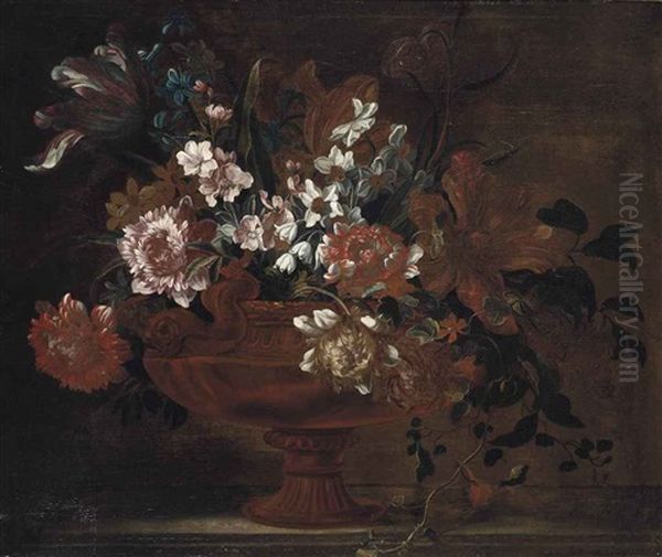 Parrot Tulips, Narcissi, Snowdrops, Hyacinths And Other Flowers In A Sculpted Vase On A Ledge Oil Painting by Pieter Casteels III