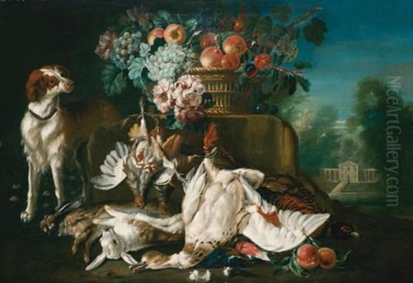 A Still Life In A Formal Garden Setting With Fruit Spilling Out Of A Basket Set On A Stone Ledge, A Spaniel And Dead Game On The Ground Beneath Oil Painting by Pieter Casteels III