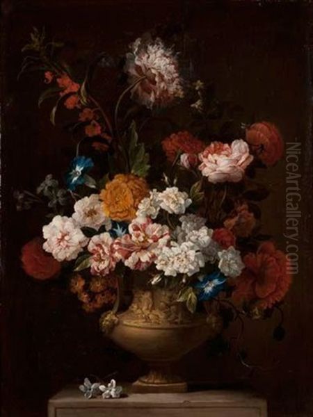 Bouquet De Fleurs Dans Un Vase En Bronze Sculpte Sur Un Entablement Oil Painting by Pieter Casteels III