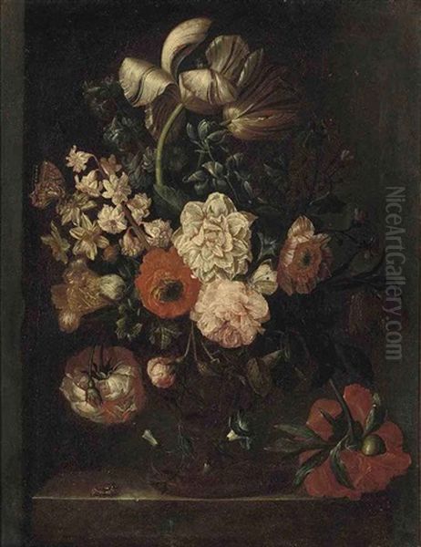 Roses, Tulips And Morning Glory In An Urn On A Stone Ledge, With A Butterfly, A Fly And A Beetle Oil Painting by Pieter Casteels III