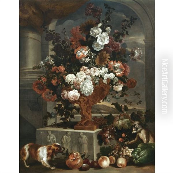 Still Life With A Large Bouquet Of Flowers In A Sculpted Bronze Urn Resting On A Carved Stone Base, Together With A Spaniel, A Monkey And Various Fruits Oil Painting by Pieter Casteels III