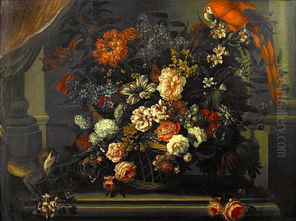 A Still Life Of Roses, Carnations With Other Flowers And A Monkey And A Parrot Oil Painting by Pieter Casteels III