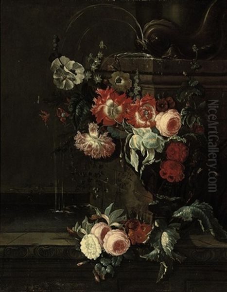 An Iris, Ornamental Poppies, Roses, Hollyhocks And Other Flowers Decorating A Classical Fountain Oil Painting by Pieter Casteels III