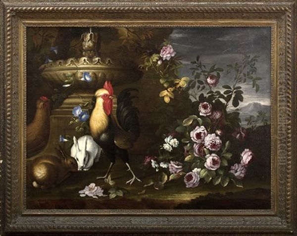 Still Life With A Cockerel, Hen And Rabbits Gathered Around A Classical Vessel Oil Painting by Pieter Casteels III