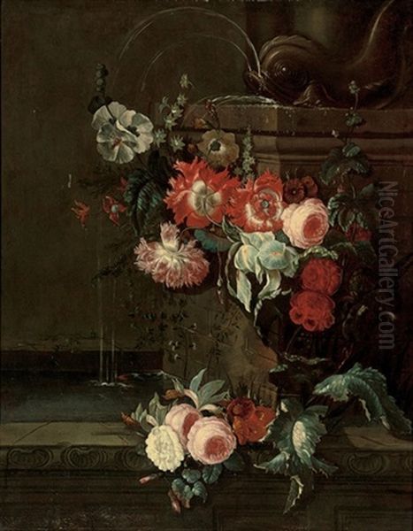 An Iris, Ornamental Poppies, Roses, Hollyhocks And Other Flowers Decorating A Classical Fountain Oil Painting by Pieter Casteels III