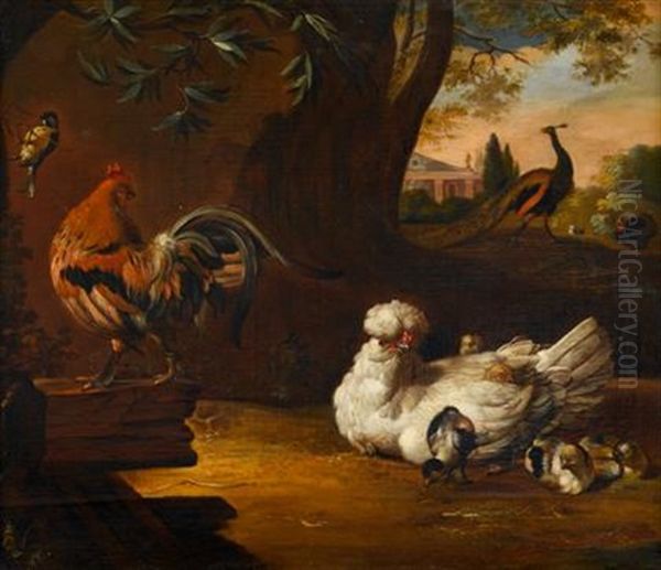 A Cockerel, Hen, Chicks, Peacock And Other Birds In An Ornamental Landscape Oil Painting by Pieter Casteels III