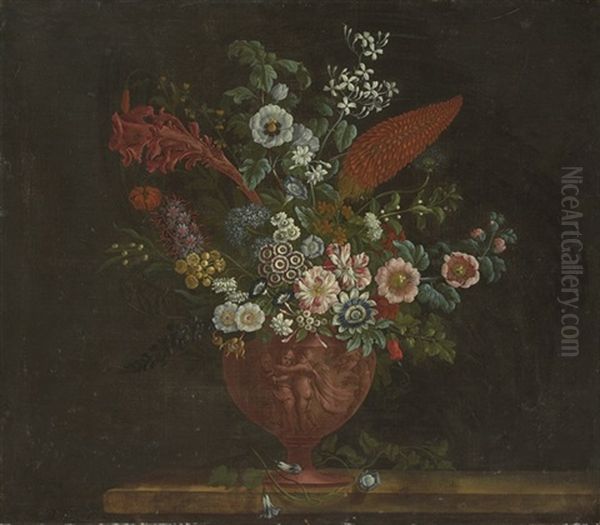 Cock's Comb, Foxglove, Passion-flower, Rose And Other Flowers Oil Painting by Pieter Casteels III