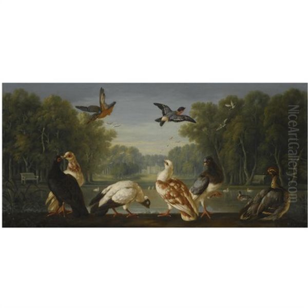 A Park Landscape With A Kingfisher, A Bullfinch, Doves, Ducks And Other Birds In The Foreground Oil Painting by Pieter Casteels III