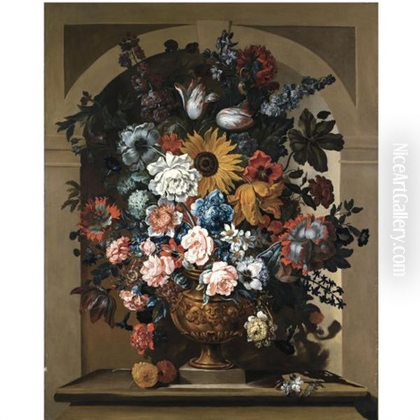 Still Life Of Roses, Sun Flower, Morning Glory, Hyacinths, Anemones, Parrot Tulips And Other Flowers, In A Bronze Sculpted Vase, In A Niche Oil Painting by Pieter Casteels III