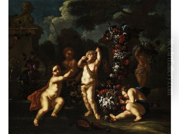 Putten In Einem Schlosspark (allegorie Von Venus Und Bacchus) Oil Painting by Pieter Casteels III