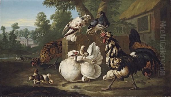 Cockerels, Chicks And Pigeons In A Farmyard Oil Painting by Pieter Casteels III