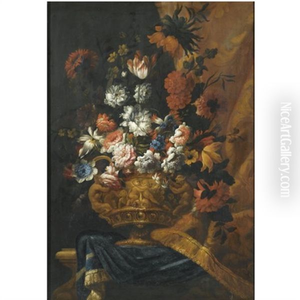 Still Life With Flowers In An Elaborate, Sculpted Bronze Urn, Resting On A Stone Ledge Oil Painting by Pieter Casteels III