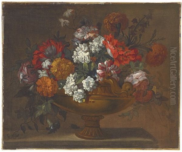 Peonies, Tulips And Other Flowers In An Urn On A Ledge Oil Painting by Pieter Casteels III