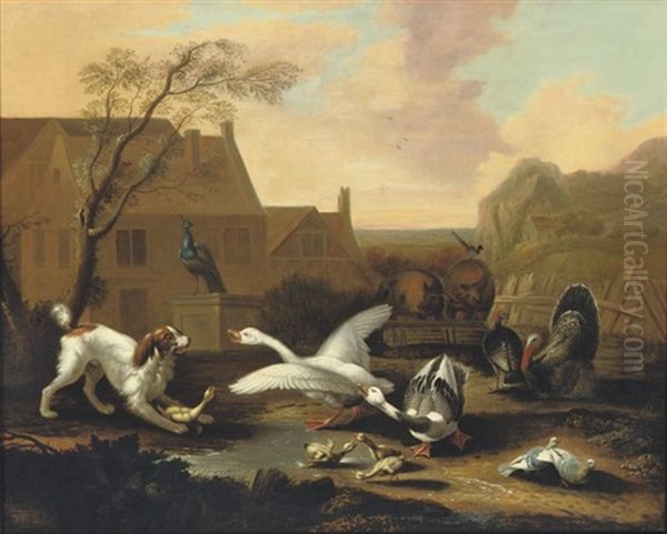 A Spaniel Threatening Geese In A Farmyard Oil Painting by Pieter Casteels III