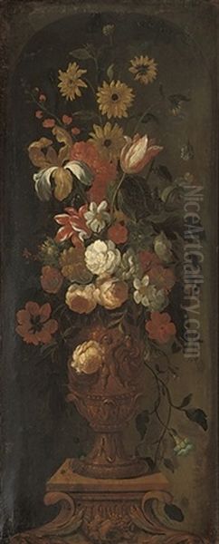 Parrot Tulips, Carnations, Narcissi, Morning Glories And Other Flowers In A Bronze Urn On A Sculpted Plinth Oil Painting by Pieter Casteels III