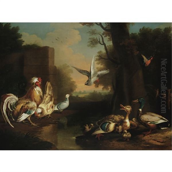 A Rooster, Hen, Ducks And Other Birds In A Landscape Oil Painting by Pieter Casteels III