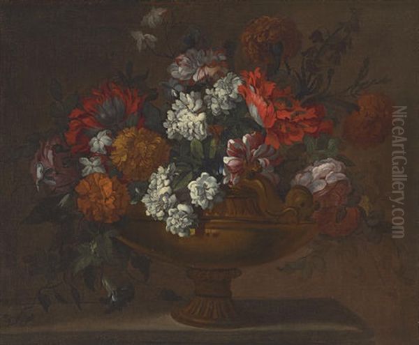 Peonies, Tulips And Other Flowers In An Urn, On A Ledge Oil Painting by Pieter Casteels III