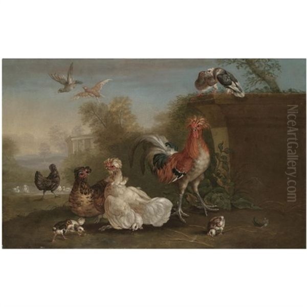 A Cockerel, Hens, Chicks, Pigeons And Other Fowl In A Park Landscape Oil Painting by Pieter Casteels III