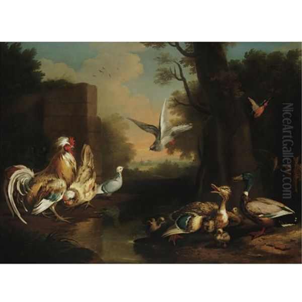 A Rooster, Hen, Ducks And Other Birds In A Landscape Oil Painting by Pieter Casteels III