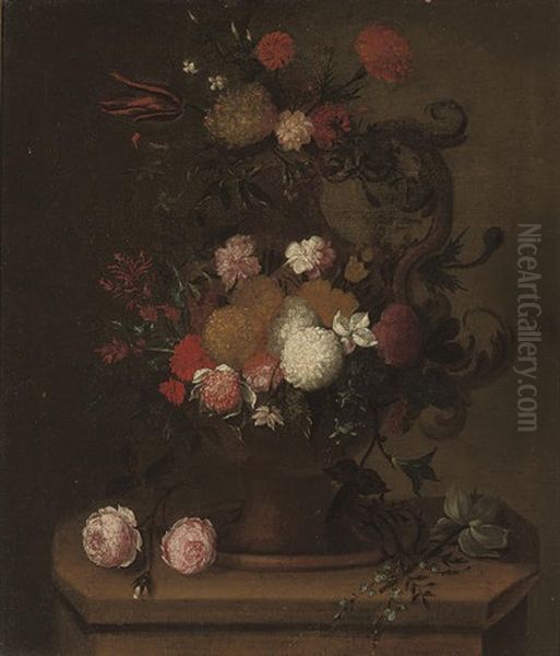 Chrysanthemums, Carnations, Roses, A Tulip And Other Flowers In An Urn, On A Plinth by Pieter Casteels III