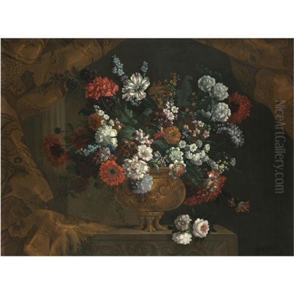 Still Life Of Flowers In A Gilt Urn On A Stone Ledge Oil Painting by Pieter Casteels III