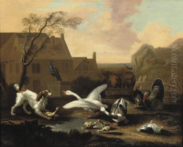 A Spaniel Threatening Geese In A Farmyard Oil Painting by Pieter Casteels III