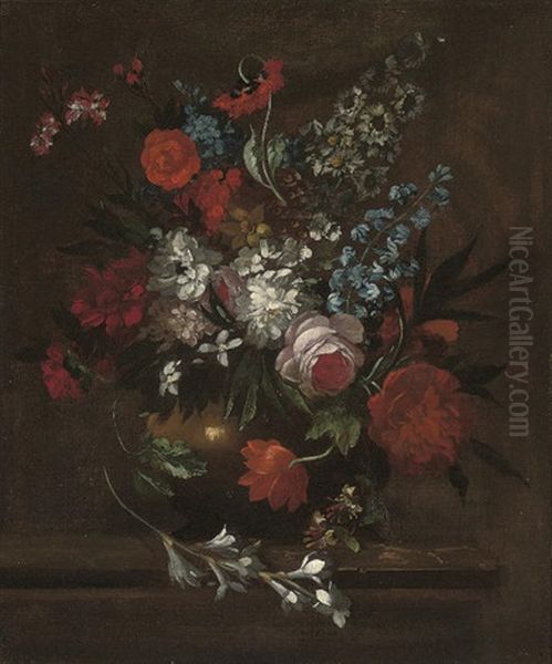 Roses, Chrysanthemums, Morning Glory, Lilies, Carnations And Other Flowers In A Vase by Pieter Casteels III