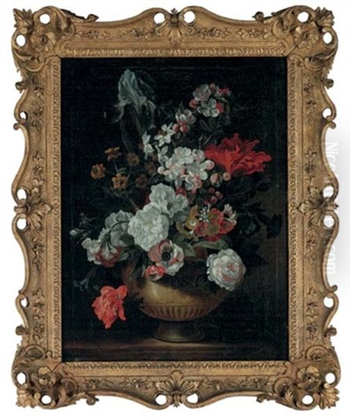 Tulips, Roses, Carnations, An Iris And Other Flowers In An Urn On A Stone Ledge Oil Painting by Pieter Casteels III