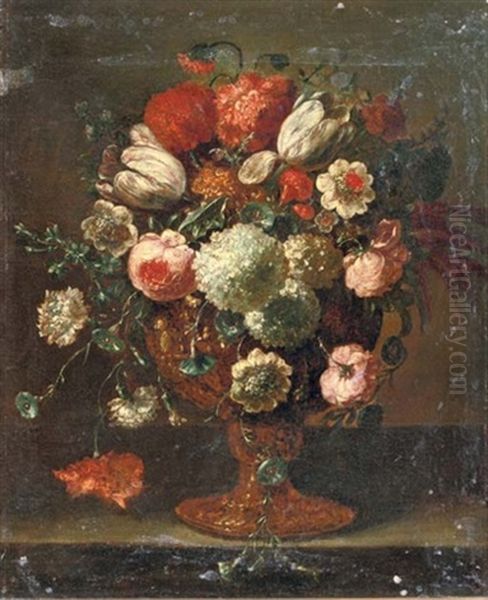 Roses, Tulips, Violets, Hydrangeas And Other Flowers In An Earthenware Vase On A Stone Ledge Oil Painting by Pieter Casteels III