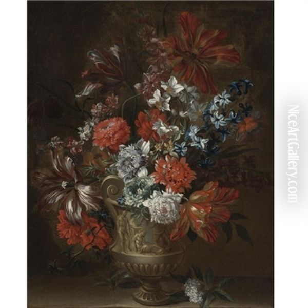 Still Life Of Tulips, Peonies, Narcissus And Other Flowers In A Sculpted Vase Oil Painting by Pieter Casteels III