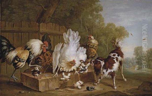 A Spaniel Disturbing Chickens By A Fence In A Landscape by Pieter Casteels III